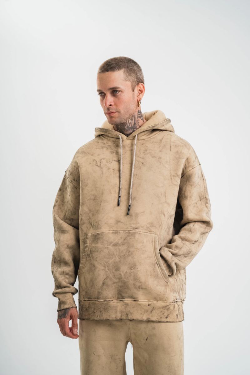ERKEK 3 iplik Pamuklu Oversize Kapüşonlu Yıkamalı Hoodie SweatShirt - Bej
