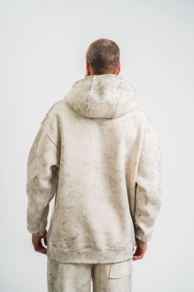 ERKEK  3 iplik Pamuklu Oversize Kapşonlu Yıkamalı SweatShirt Hoodie - Krem