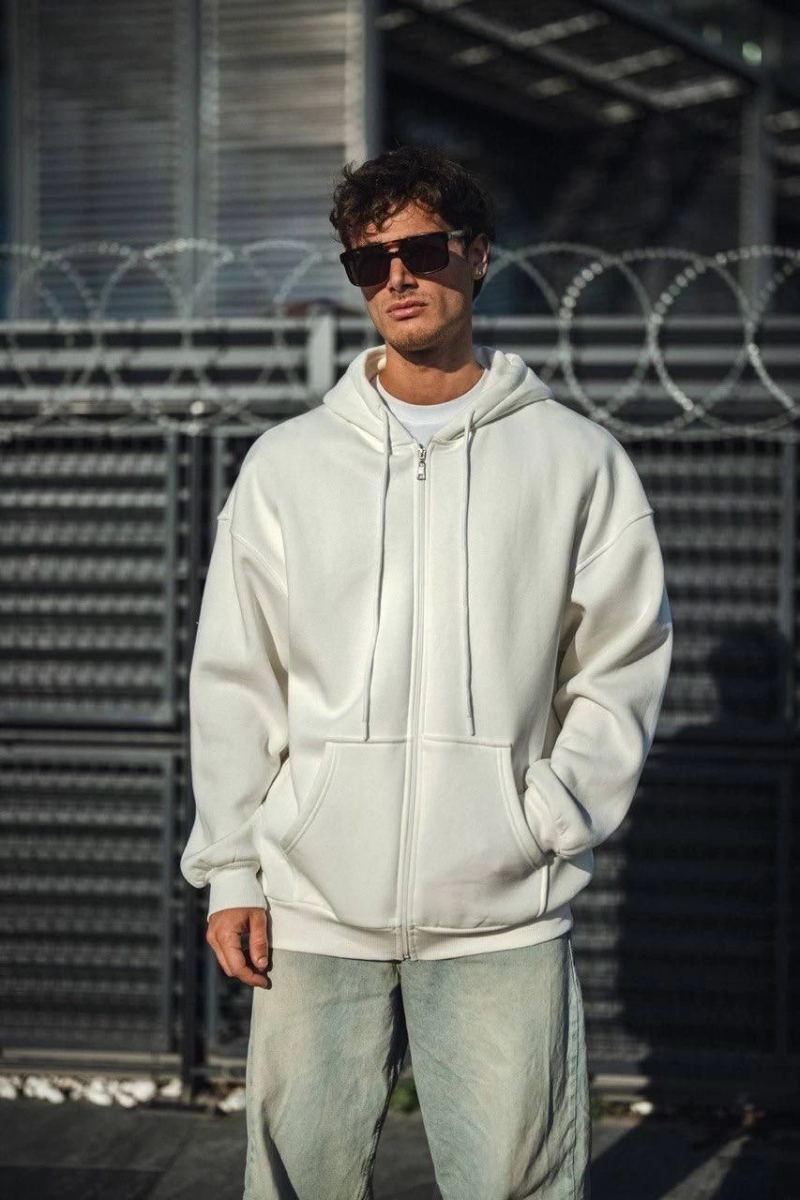 Erkek Tam Fermuarlı Cepli Kapüşonlu 3 iplik pamuklu hoodie Sweatshirt - Beyaz