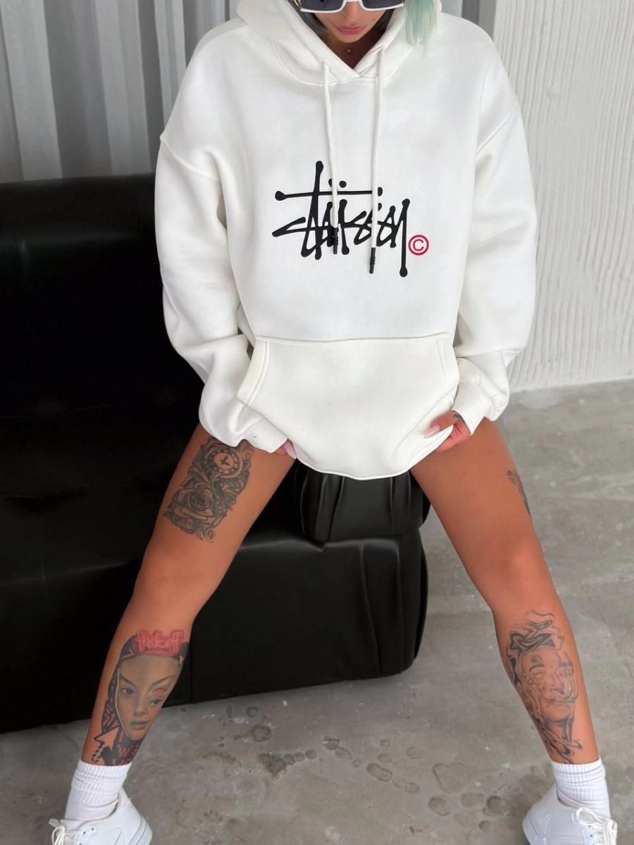Kadın Oversize Kapüşonlu Cepli Baskılı 3 İplik Pamuklu Hoodie Sweatshirt - Beyaz
