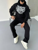 Erkek Kapüşonlu Kanguru Cepli Sweatshirt 3 İplik Pamuklu Baskılı Hoodie -  Siyah