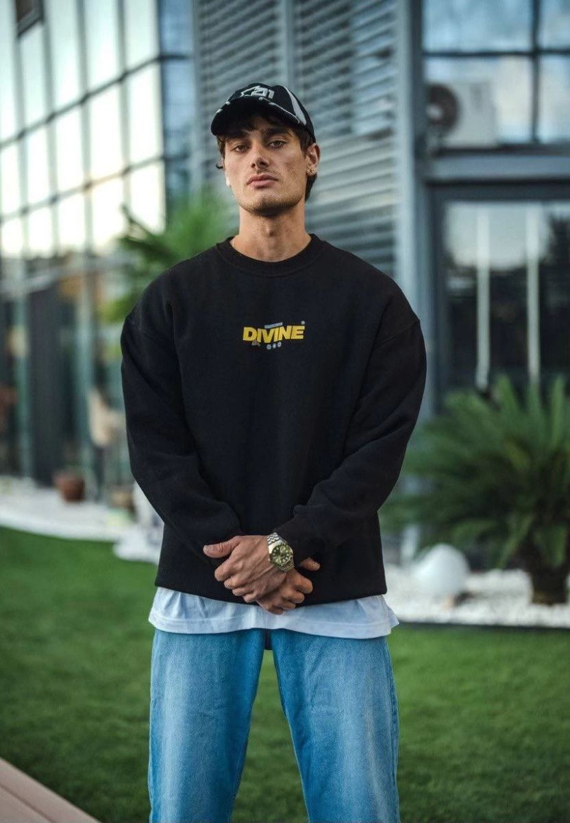 Erkek 3 iplik pamuklu Kışlık Bisiklet Yaka Baskılı SweatShirt - Siyah