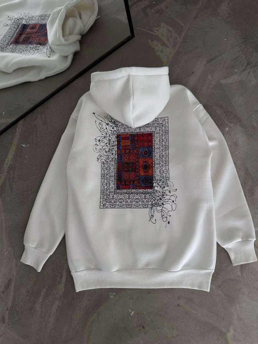 Erkek Kapüşonlu Kanguru Cepli Sweatshirt 3 İplik Pamuklu Baskılı Hoodie - Beyaz