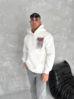 Erkek Kapüşonlu Kanguru Cepli Sweatshirt 3 İplik Pamuklu Baskılı Hoodie - Beyaz