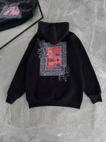 Erkek Kapüşonlu Kanguru Cepli Sweatshirt 3 İplik Pamuklu Baskılı Hoodie - Siyah