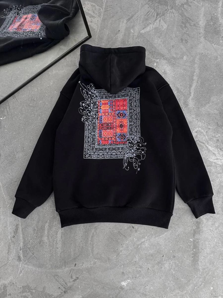 Erkek Kapüşonlu Kanguru Cepli Sweatshirt 3 İplik Pamuklu Baskılı Hoodie - Siyah