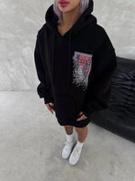 Kadın Kapüşonlu Kanguru Cepli Sweatshirt 3 İplik Pamuklu Baskılı Hoodie - Siyah