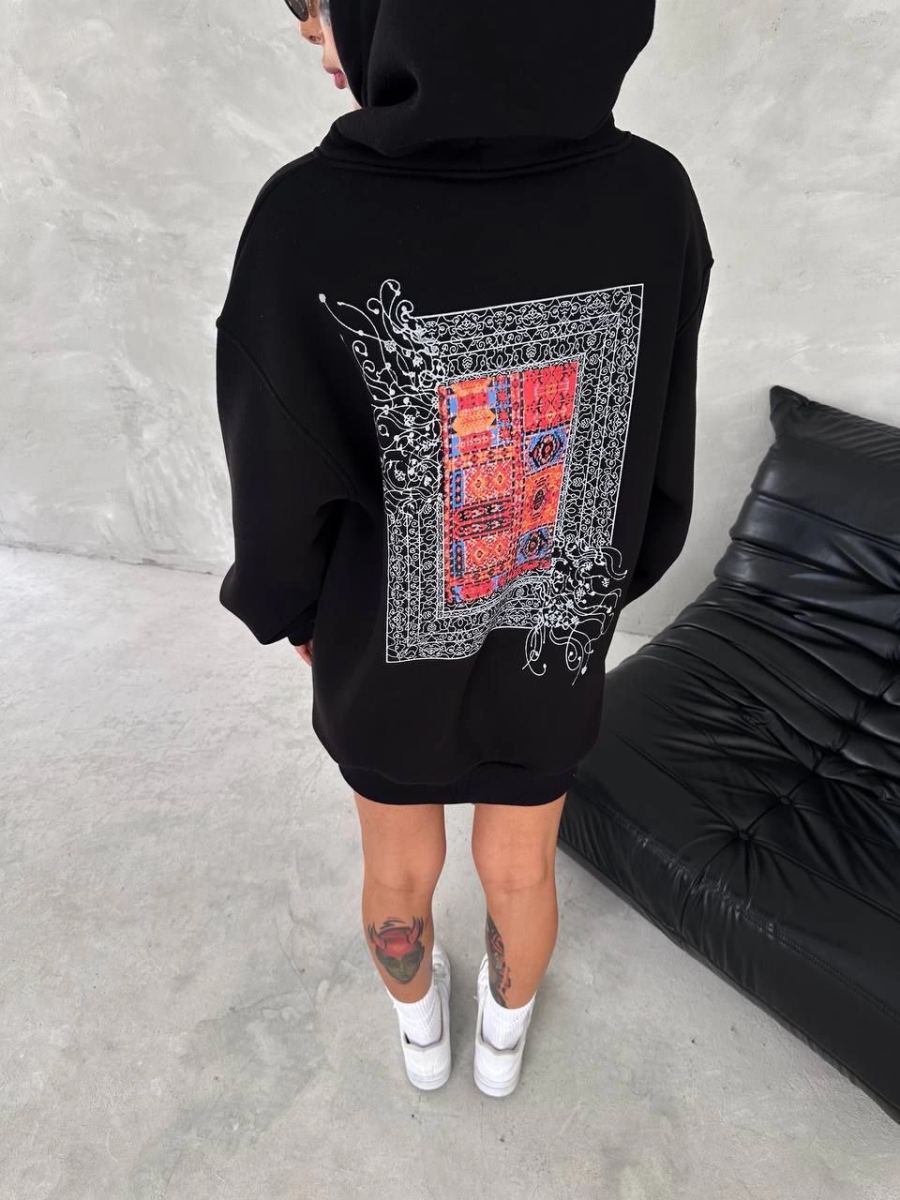 Kadın Kapüşonlu Kanguru Cepli Sweatshirt 3 İplik Pamuklu Baskılı Hoodie - Siyah
