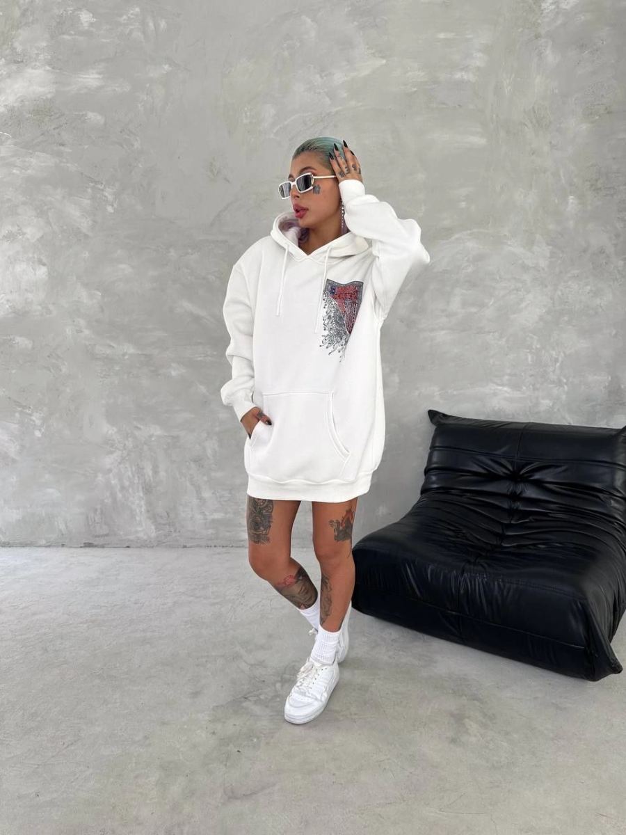 Kadın Kapüşonlu Kanguru Cepli Sweatshirt 3 İplik Pamuklu Baskılı Hoodie - Beyaz