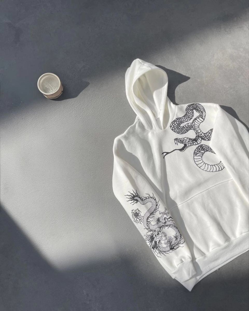 Erkek 3 İplik Pamuklu Kapüşonlu Baskılı Cepli Oversize Sweatshirt Hoodie - Beyaz