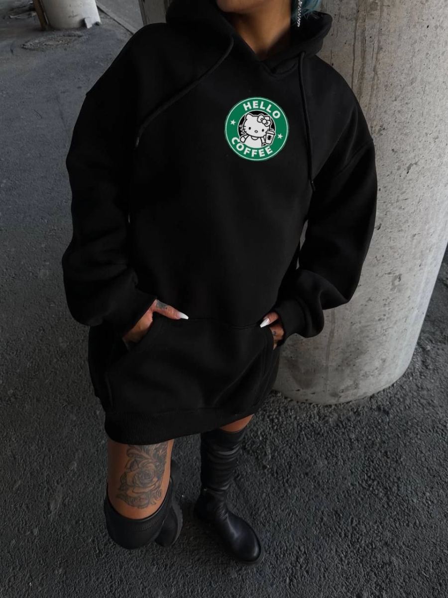 Kadın Oversize Kapüşonlu Kanguru Cepli Baskılı 3 İplik Pamuklu Sweatshirt Hoodie -   Siyah