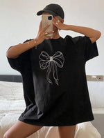 Kadın Fiyonk Baskılı T-Shirt Kısa Kol Bisiklet Yaka Oversize Tişört - Siyah