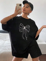Kadın Fiyonk Baskılı T-Shirt Kısa Kol Bisiklet Yaka Oversize Tişört - Siyah