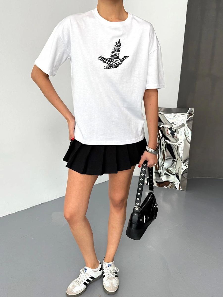 KADIN Baskılı T-Shirt Kısa Kol Bisiklet Yaka Regular Fit Yazlık Tişört - Beyaz