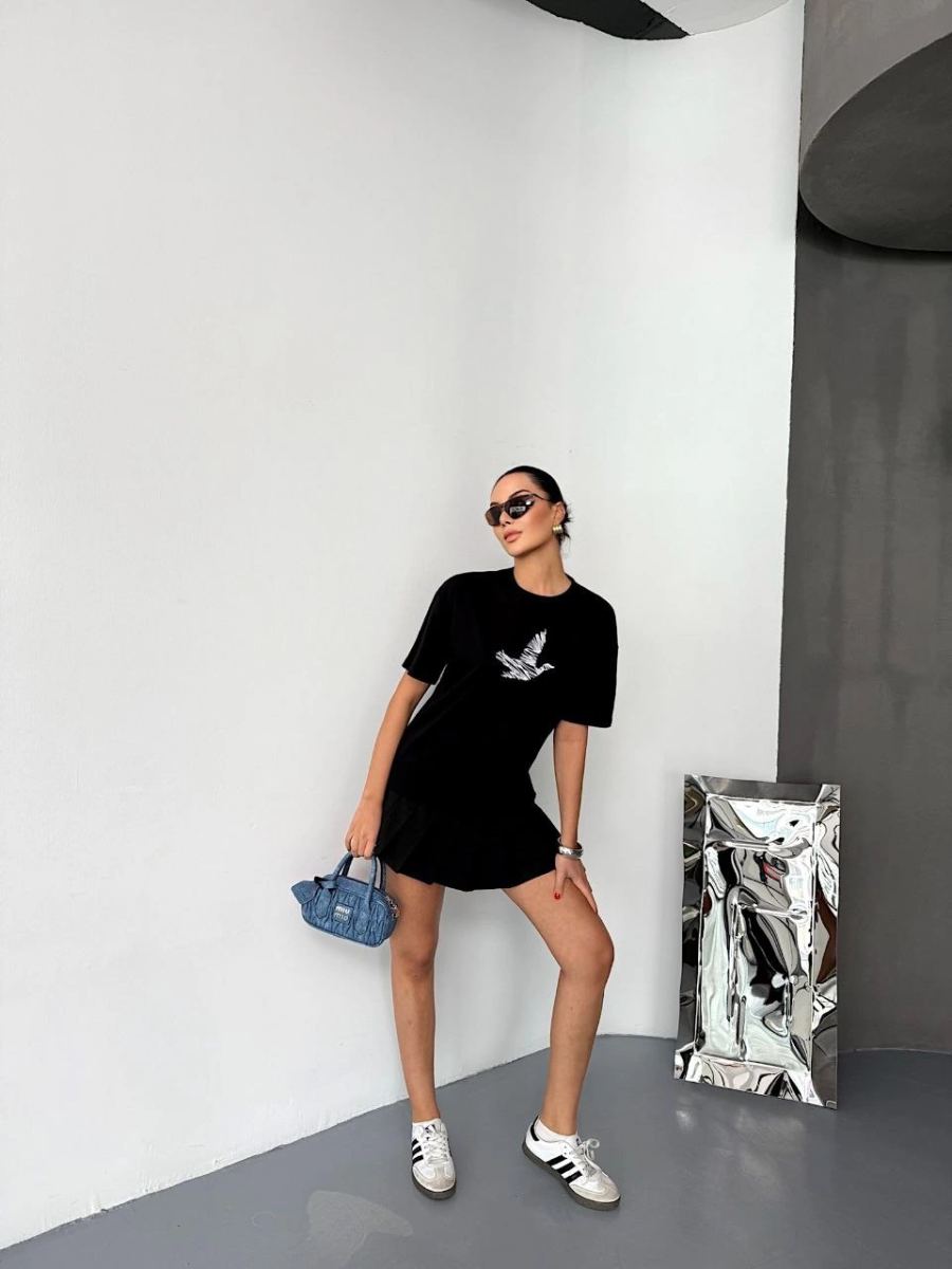 Kadın Kısa Kol Yazlık Tişört Bisiklet Yaka Baskılı Oversize T-Shirt - Siyah