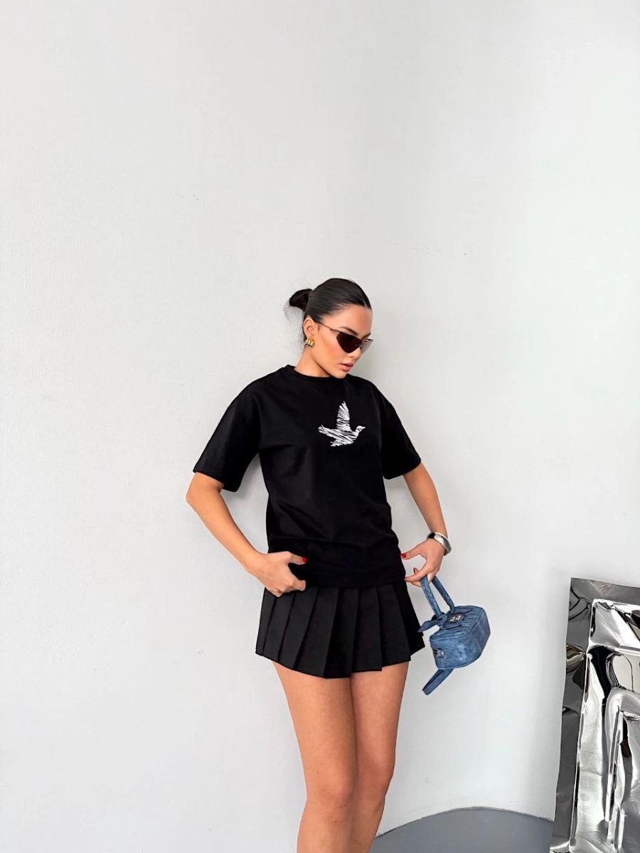Kadın Kısa Kol Yazlık Tişört Bisiklet Yaka Baskılı Oversize T-Shirt - Siyah
