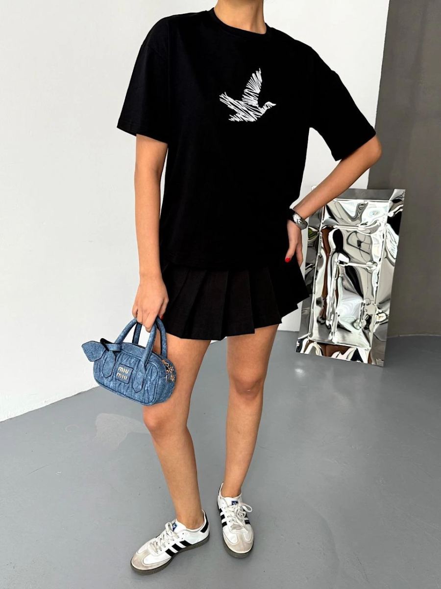 Kadın Kısa Kol Yazlık Tişört Bisiklet Yaka Baskılı Oversize T-Shirt - Siyah