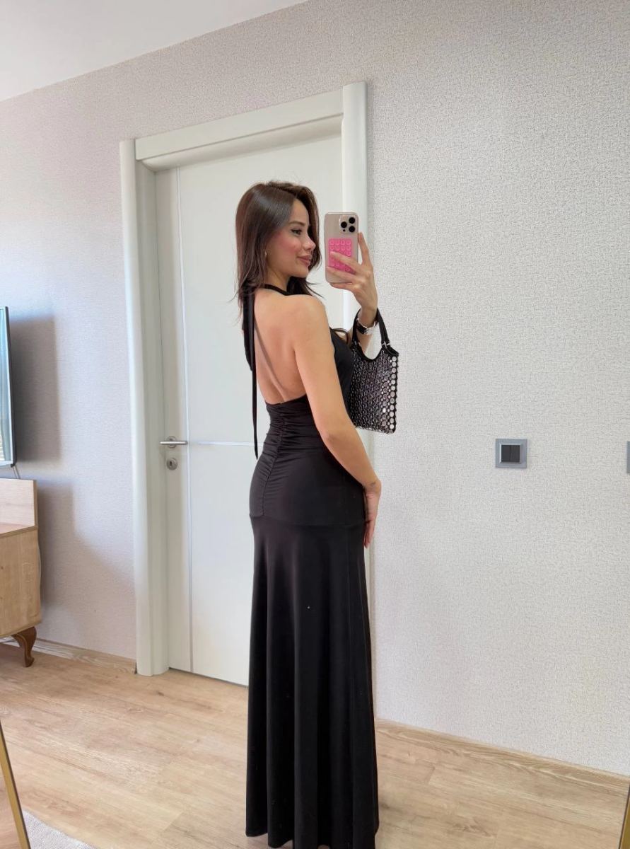 Kadın Sırt dekolteli Uzun Elbise - Siyah