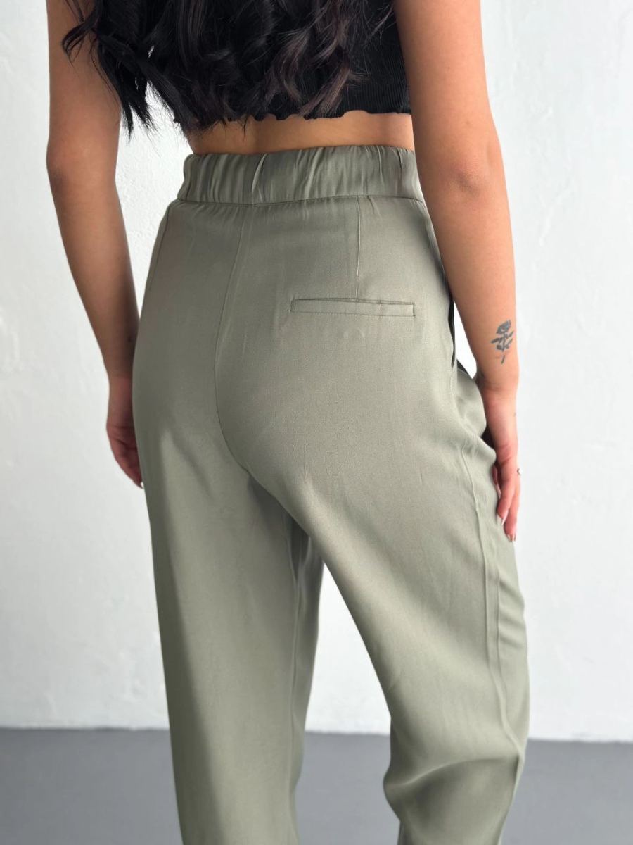 Kadın Yüksel Bel Beli Bağcıklı Cepli Rahat Paça Pantolon - Su Yeşili
