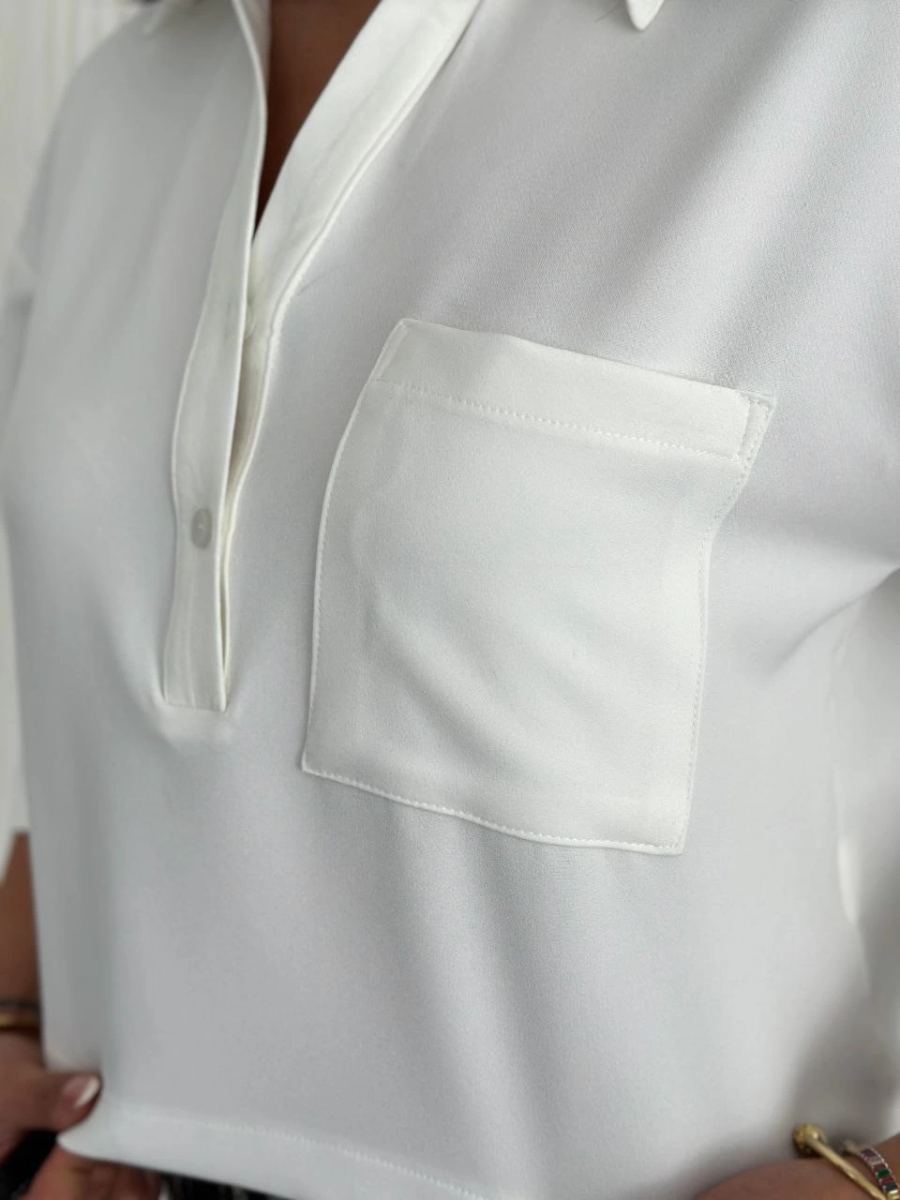 Krep Kadın Crop Yakalı Gömlek İlik Düğmeli Üç Çeyrek Sleeve Kol - Beyaz