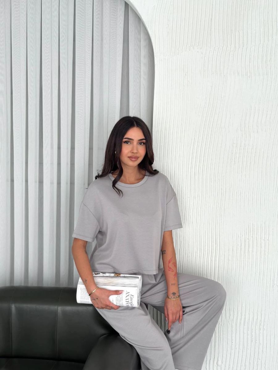 Kadın Osy Modal Yumuşak Kumaş Bisiklet Yaka T-shirt Bol paça Pantolon ikili Takım - Boyalı Gri