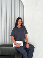 Kadın Osy Modal Yumuşak Dokulu Kumaş Bisiklet Yaka T-shirt Bol paça Pantalon ikili Takım -Antrasit