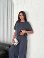 Kadın Osy Modal Yumuşak Dokulu Kumaş Bisiklet Yaka T-shirt Bol paça Pantalon ikili Takım -Antrasit