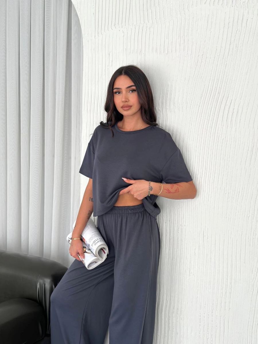 Kadın Osy Modal Yumuşak Dokulu Kumaş Bisiklet Yaka T-shirt Bol paça Pantalon ikili Takım -Antrasit