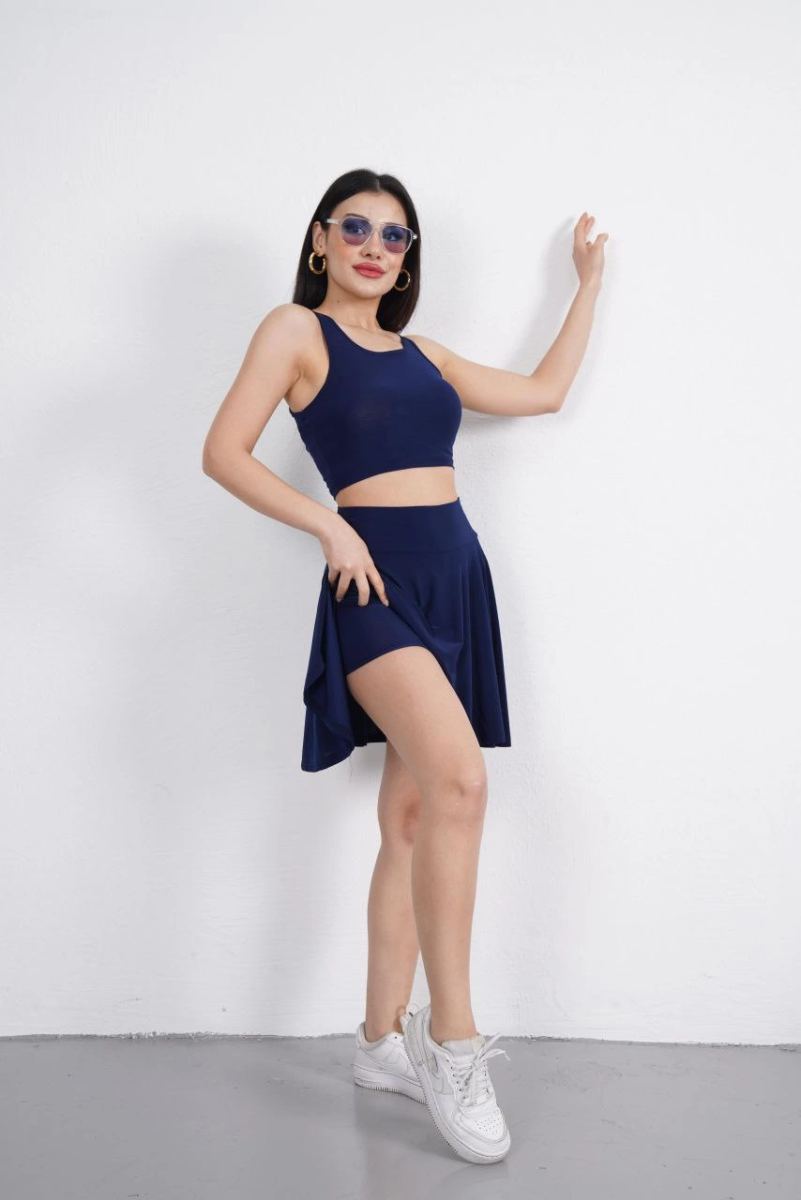Sendy Kumaş Bisiklet Yaka Crop Şortlu Etek ikili Takım - Lacivert
