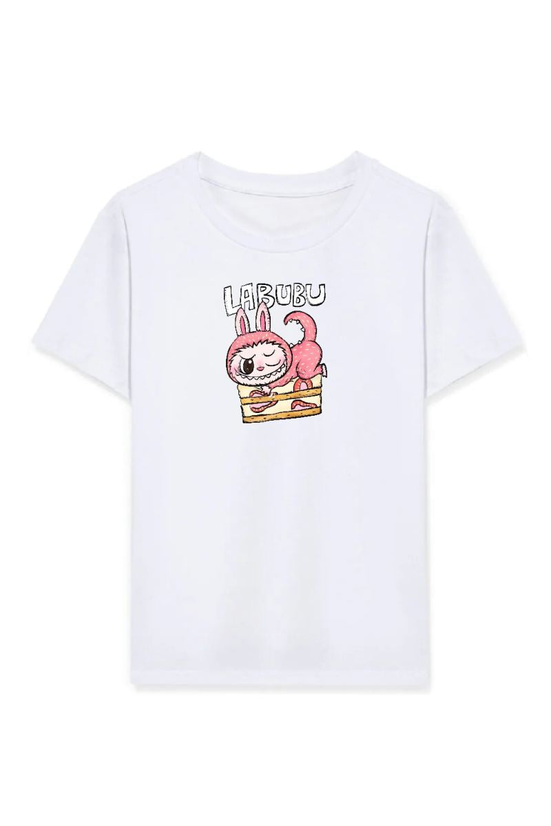 Kız Labubu Çocuk Baskılı T-Shirt - Beyaz