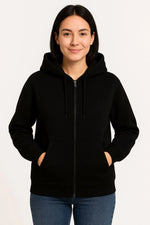 Kadın 3 İplik Kapüşonlu Tam Fermuarlı Kanguru Cepli Sweatshirt Hoodie - Siyah