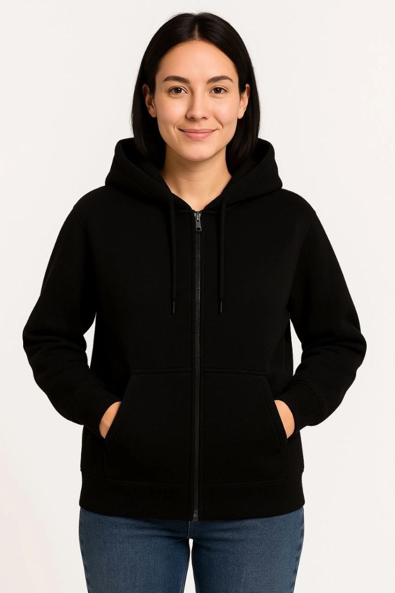 Kadın 3 İplik Kapüşonlu Tam Fermuarlı Kanguru Cepli Sweatshirt Hoodie - Siyah