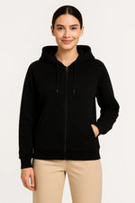 Kadın 3 İplik Kapüşonlu Tam Fermuarlı Kanguru Cepli Sweatshirt Hoodie - Siyah