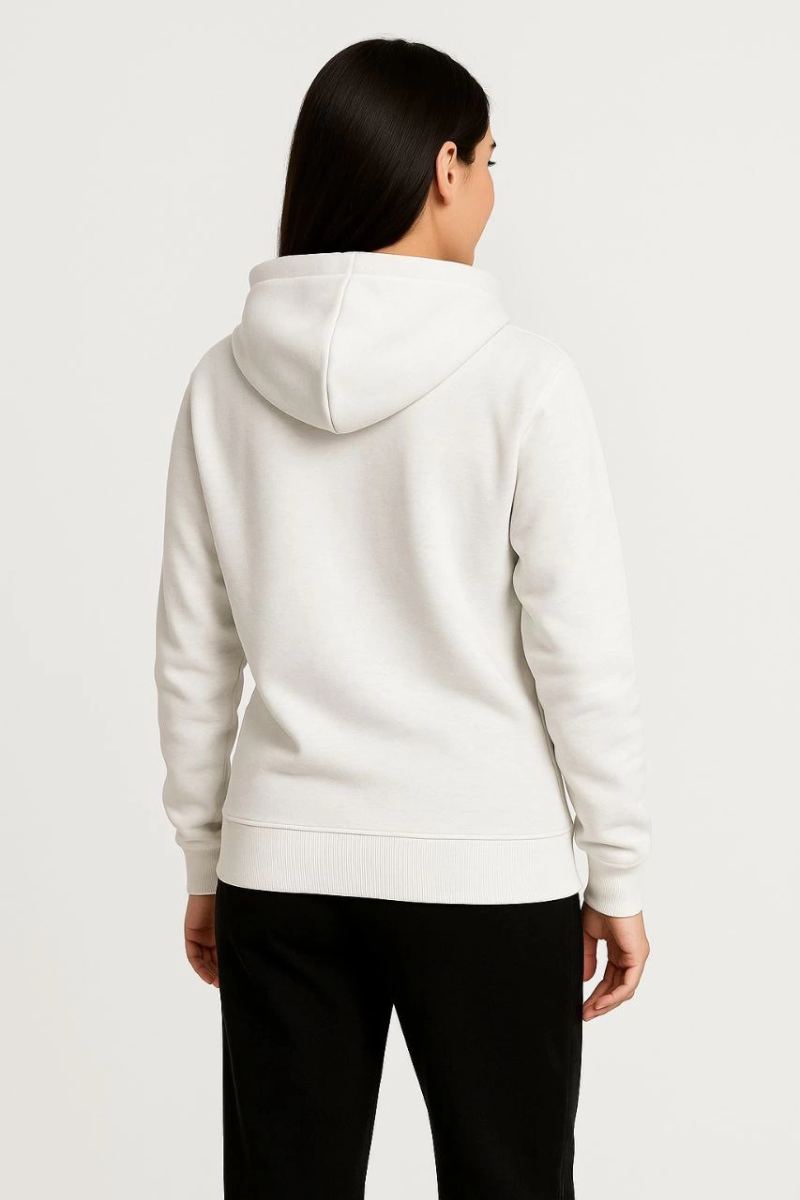 Kadın 3 İplik Kapüşonlu Tam Fermuarlı Kanguru Cepli Sweatshirt Hoodie - Beyaz