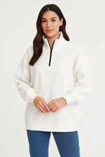 Kadın 3 İplik Pamuklu Dık Yaka Yarım Fermuarlı SweatShirt - Beyaz