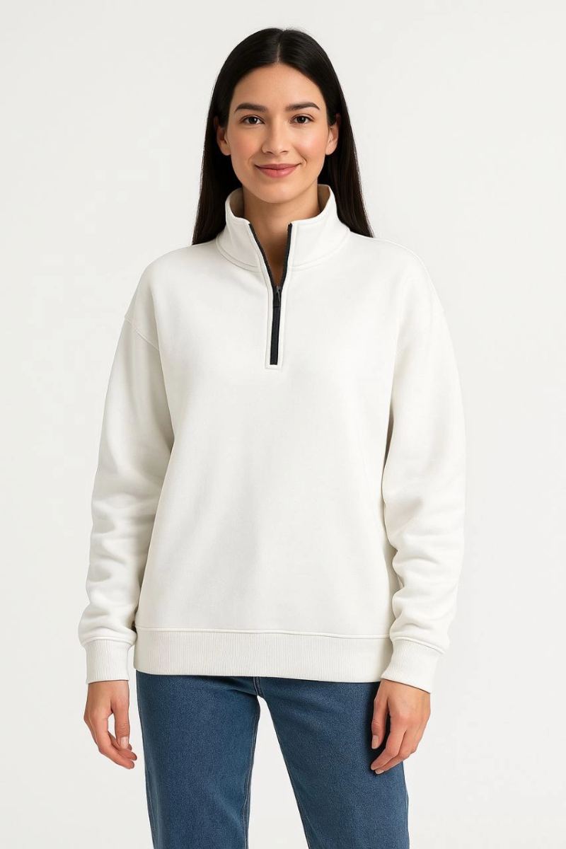 Kadın 3 İplik Pamuklu Dık Yaka Yarım Fermuarlı SweatShirt - Beyaz