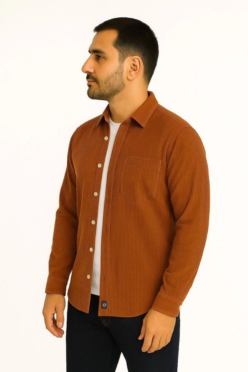 Erkek Fitilli Kadife Cepli Gömlek Oversize Rahat Kalıp - Kahverengi