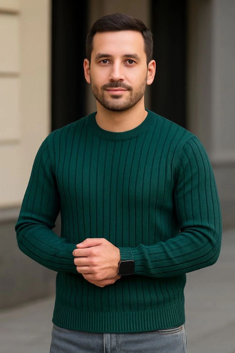 Erkek Fitilli Triko Kazak 2’li Set Siyah Haki Kalın Dokuma Pamuklu Regular Fit Bisiklet