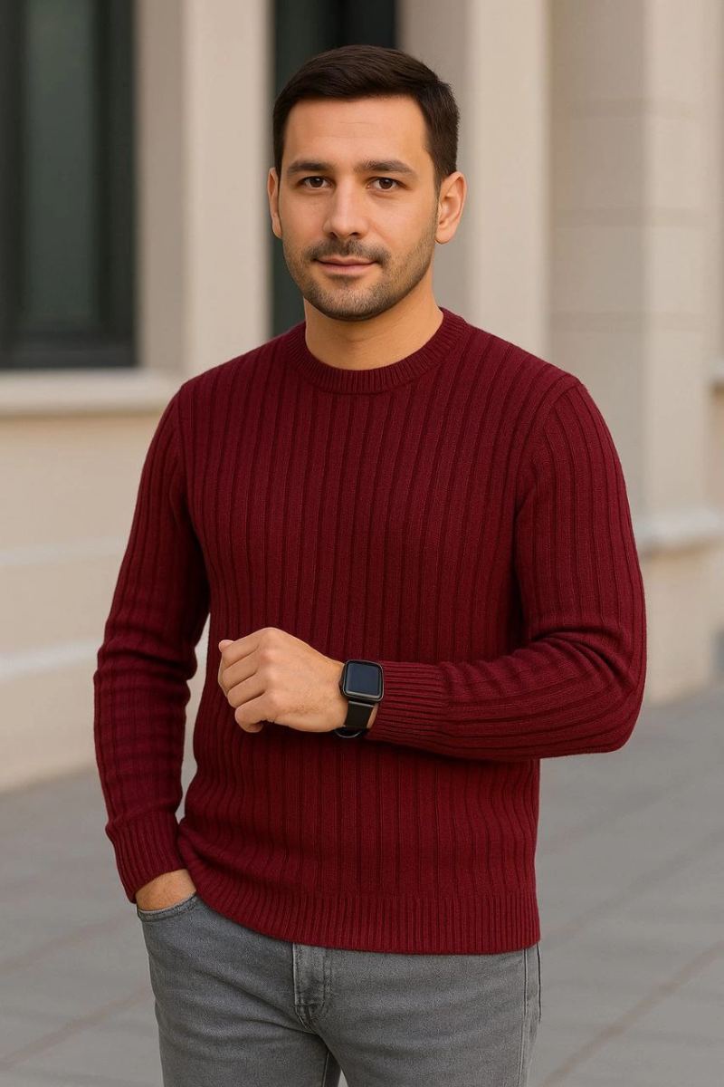 Erkek Fitilli Triko Kazak 2’li Set Siyah Bordo Kalın Dokuma Pamuklu Regular Fit Bisiklet