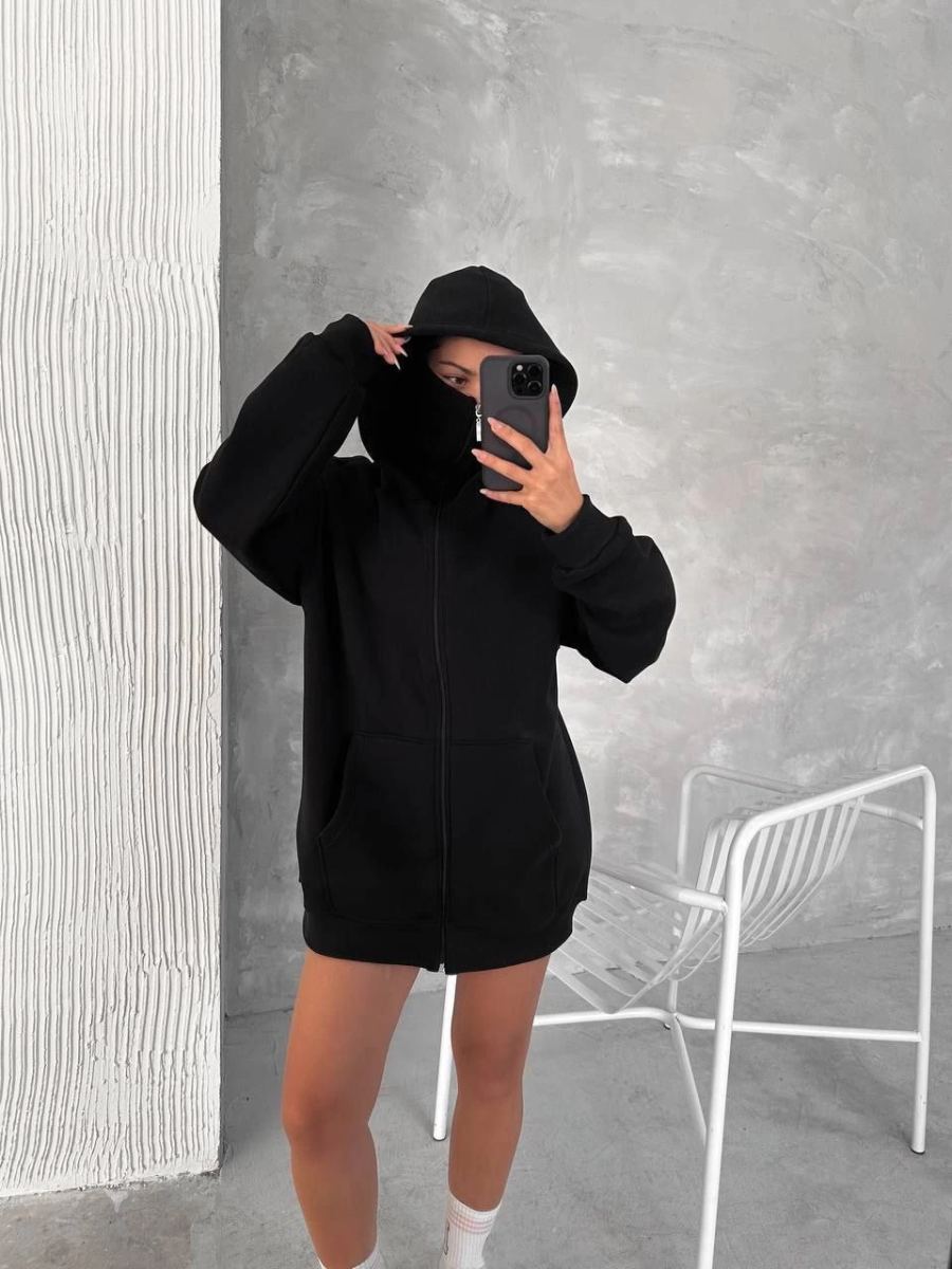 Kadın Samuray Ninja Çift Kapüşonlu Maske Detaylı 3 İplik Hoodie - Siyah