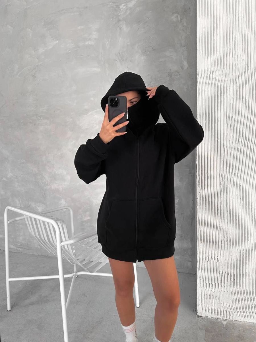 Kadın Samuray Ninja Çift Kapüşonlu Maske Detaylı 3 İplik Hoodie - Siyah