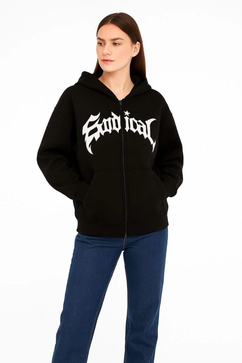 Kadın Kapüşonlu 3 İplik Şardonlu Önü Baskılı Fermuarlı Oversize Sweatshirt - Siyah