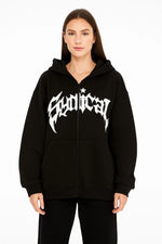 Kadın Kapüşonlu 3 İplik Şardonlu Önü Baskılı Fermuarlı Oversize Sweatshirt - Siyah
