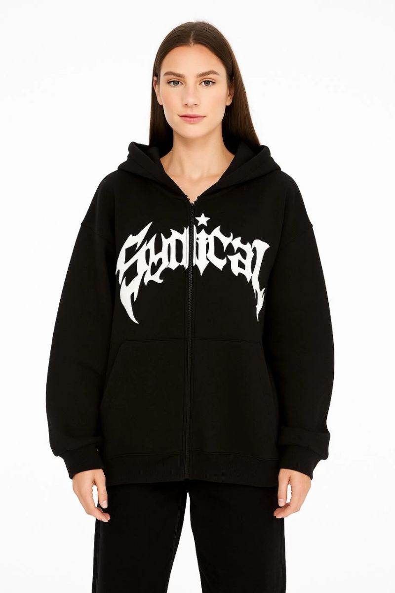 Kadın Kapüşonlu 3 İplik Şardonlu Önü Baskılı Fermuarlı Oversize Sweatshirt - Siyah
