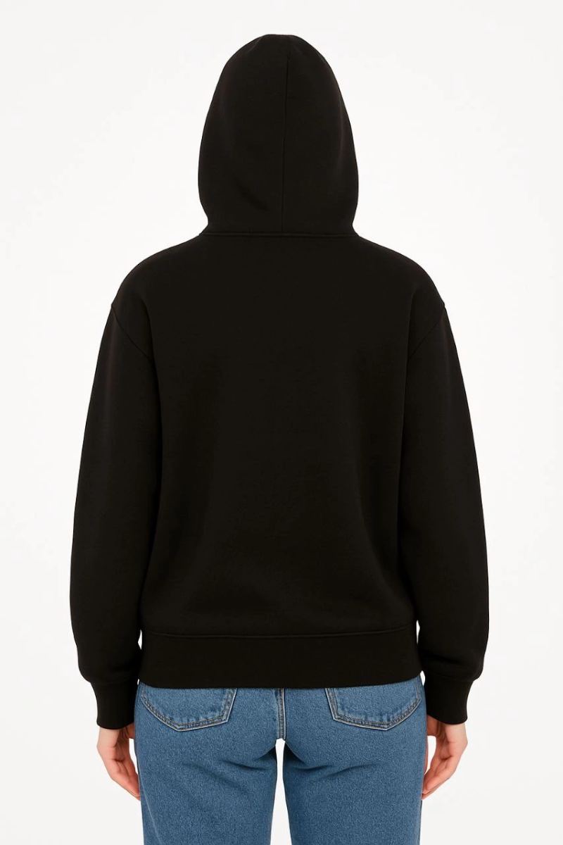 Kadın Kapüşonlu 3 İplik Şardonlu Önü Baskılı Fermuarlı Oversize Sweatshirt - Siyah