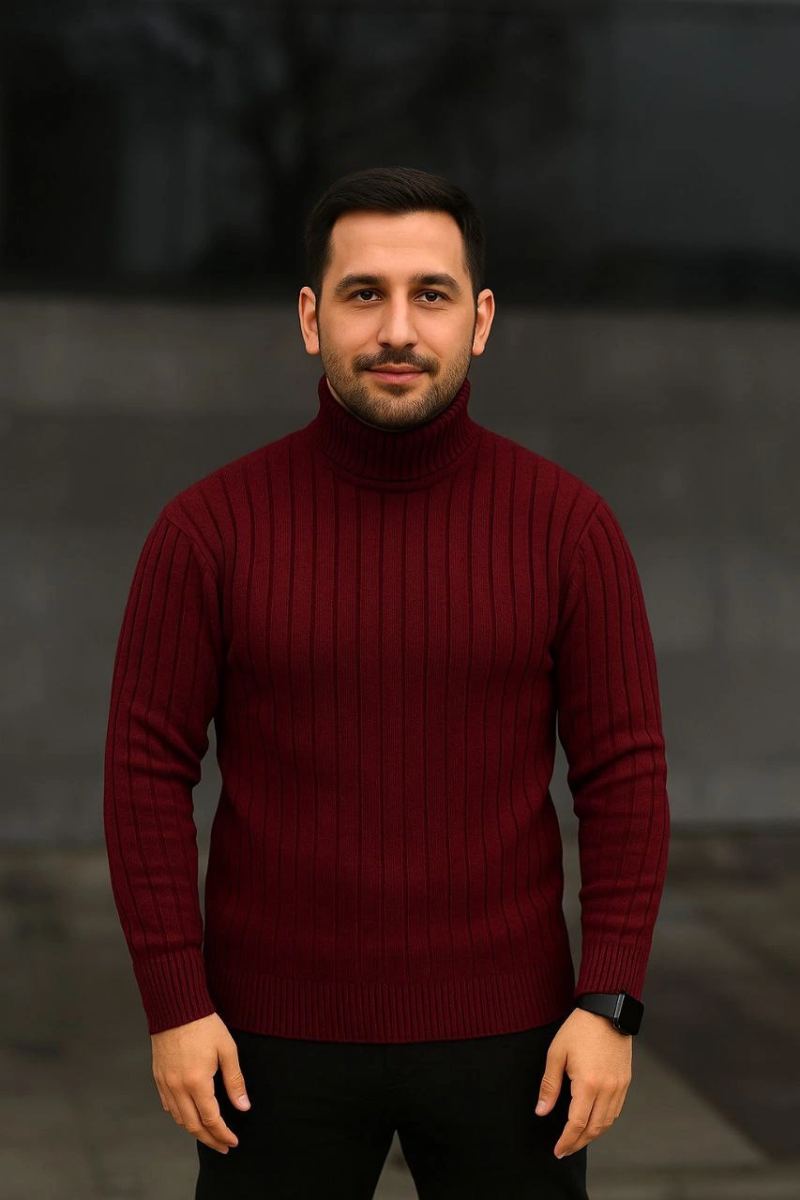 Erkek Fitilli Kazak Tam Boğazlı Balıkçı Yaka Triko 2'li Set Bordo-Siyah