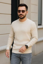 Erkek Fitilli Triko Kazak 2’li Set Bej Beyaz Kalın Dokuma Pamuklu Regular Fit Bisiklet