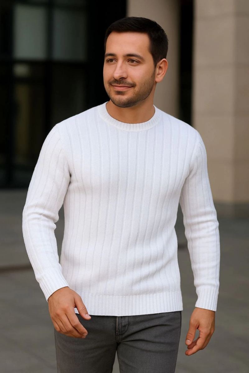 Erkek Fitilli Triko Kazak 3’lü Set Bej Beyaz Siyah | Kalın Dokuma Pamuklu Regular Fit