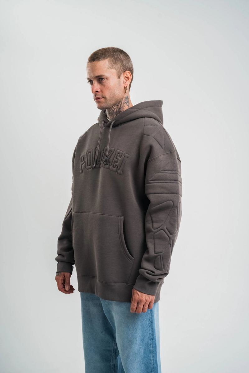 Erkek Nakışlı Kapüşonlu Oversize 3 İplik Pamuklu SweatShirt Hoodie - Füme