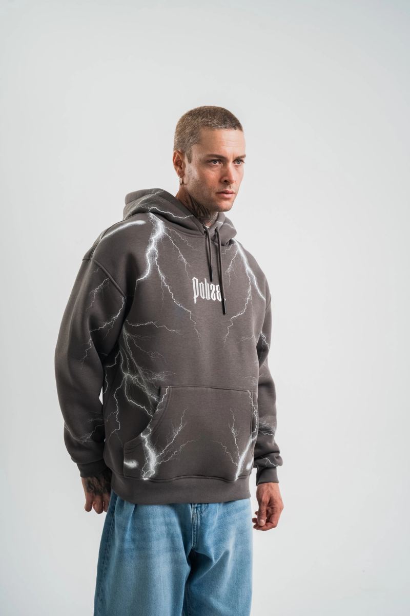 Erkek Baskılı Kapüşonlu Oversize 3 İplik Pamuklu SweatShirt Hoodie - Füme